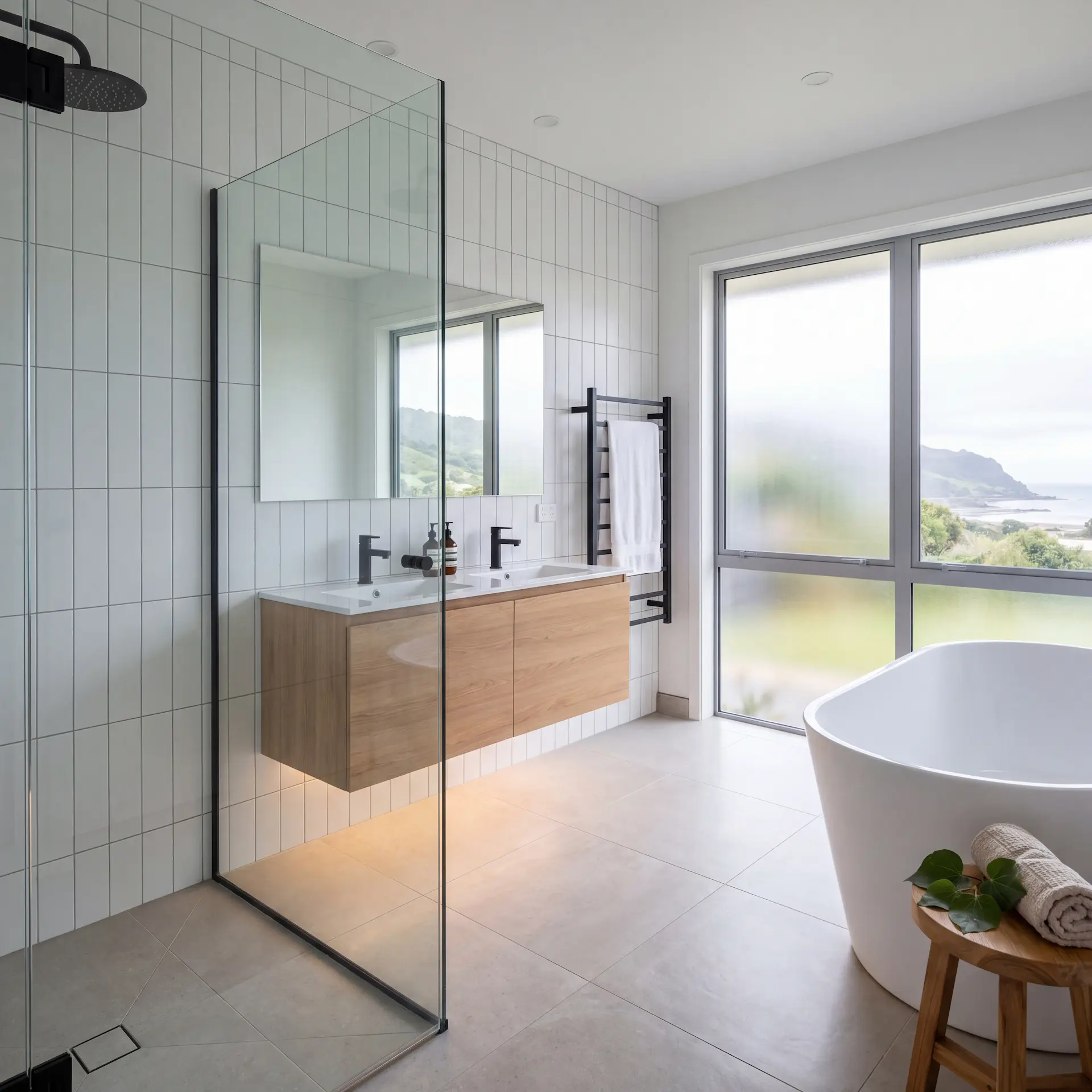 Tiled bathroom renovation by Trust Builders — frameless glass shower, timber vanity, full waterproofing